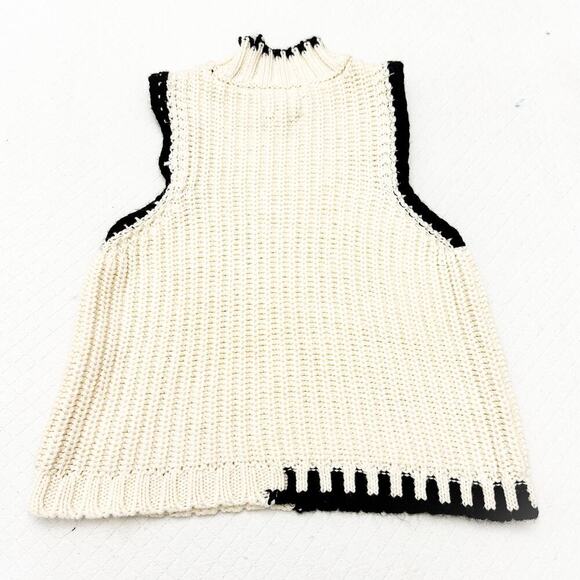 Reserved Poland Cream Sleeveless Knit Crochet Sweater Black Trim Size M - Picture 2 of 6